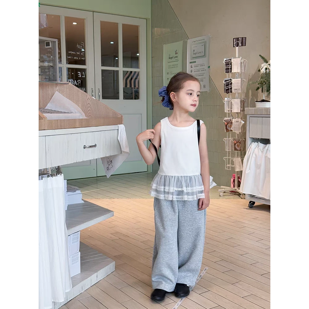 女童夏装棉背心新款洋气薄款拼接无袖T恤儿童装圆领内搭裙摆上衣