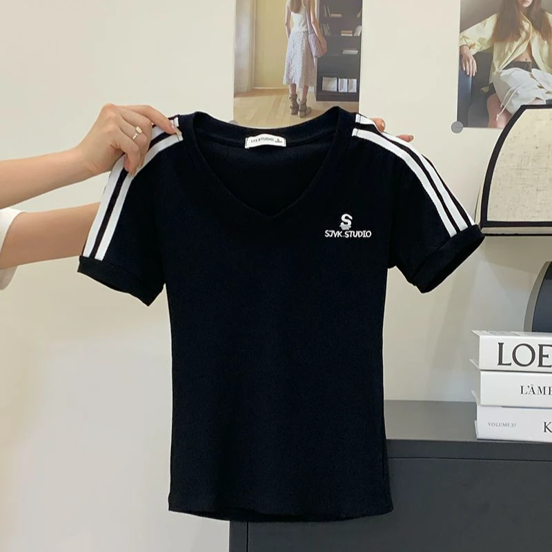 领条纹短袖t恤女2025年夏季新款纯棉修身短款字母刺绣正肩体恤潮