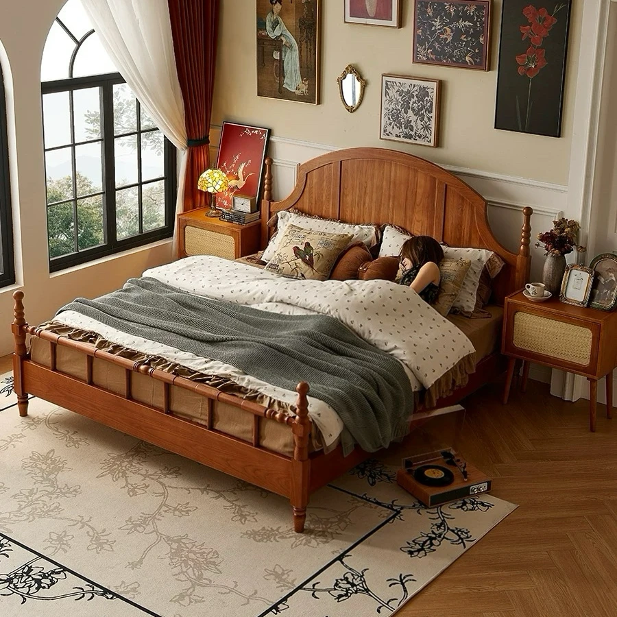 2025年新款南洋轻法式复古双人床1.5卧室红橡中古风全实木1米8床
