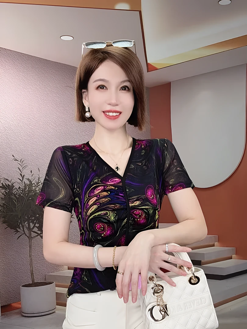 短袖女上衣夏薄款轻奢高级感v领印花t恤女双层打底衫网纱碎花小衫