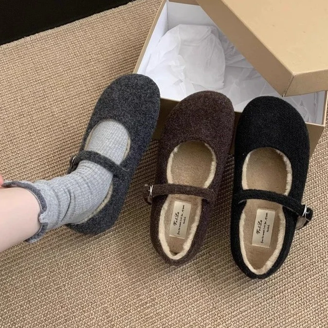 平底小香风毛毛鞋女2025秋冬加绒玛丽珍鞋呢子圆头保暖棉鞋豆豆鞋