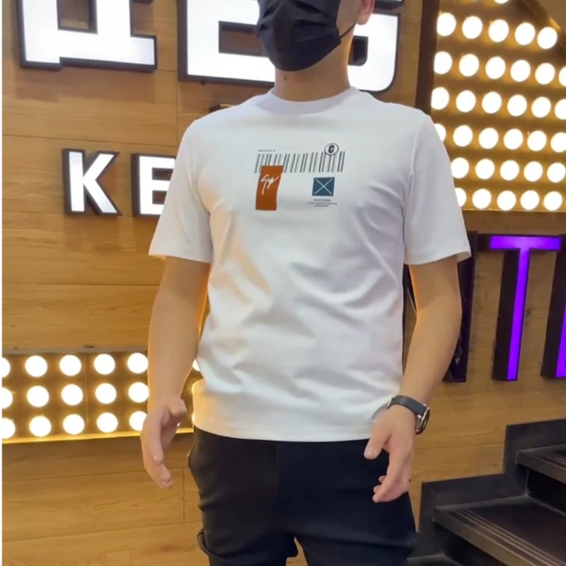 欧洲站春夏新款丝光棉短袖男士字母精致标简约大码休闲修身男t恤