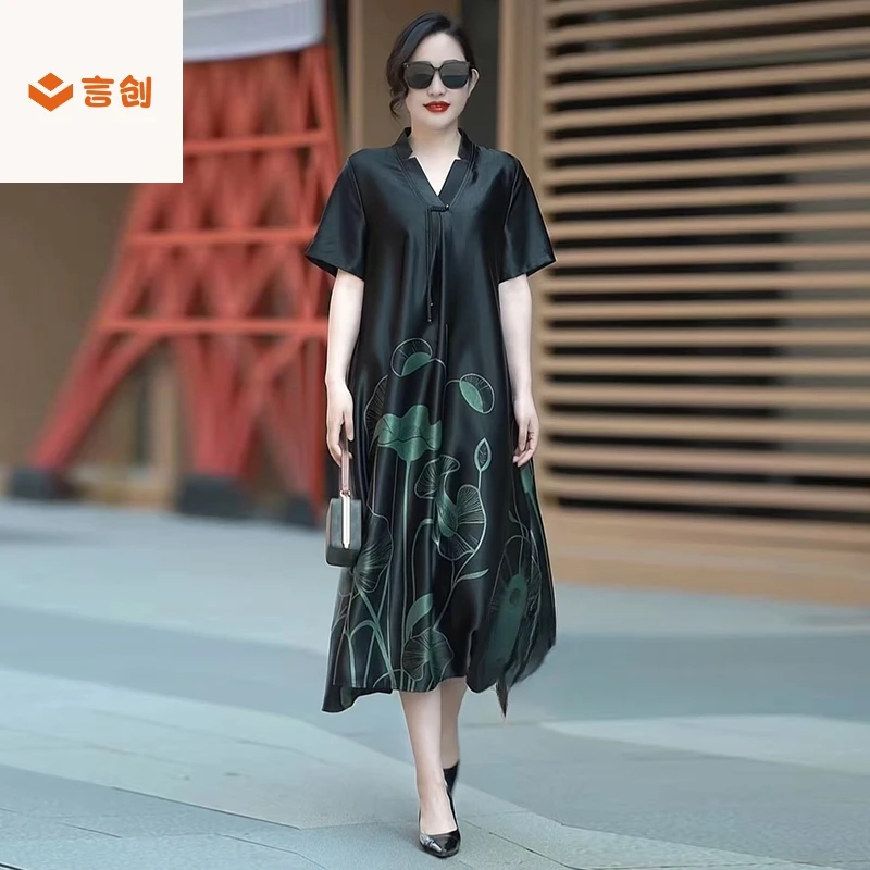 429高品质阔太太醋酸缎连衣裙夏新款50-60岁妈妈重磅真丝坠感长裙