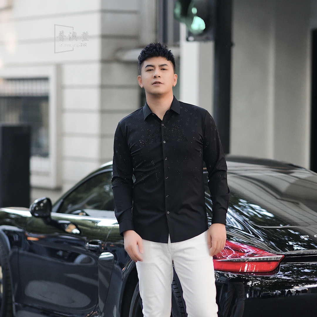 普澳登 春季新款时尚潮流百搭修身字母烫钻男士休闲长袖衬衫