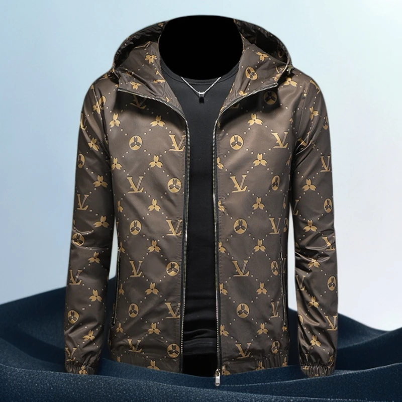 巴赛娜缇时尚秋季新款百搭夹克男休闲翻领修身外套印花连帽夹克