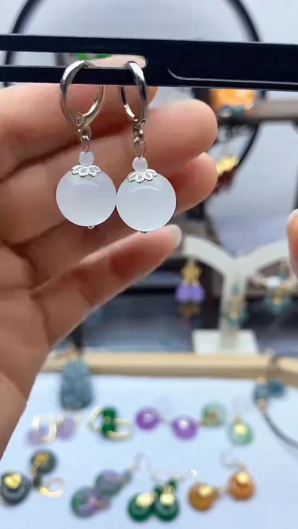 和田玉银S925镶嵌耳饰144