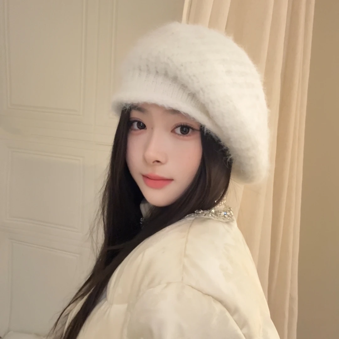 白色秋冬手感超软糯拉毛纯色贝雷帽含羊毛百搭显脸小卷边秋冬新款
