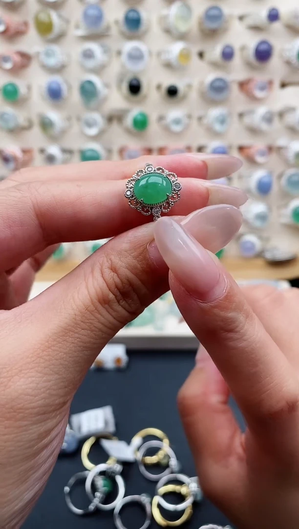 银S925镶嵌戒指翡翠雅*天然缅甸翡翠A货111-8-9