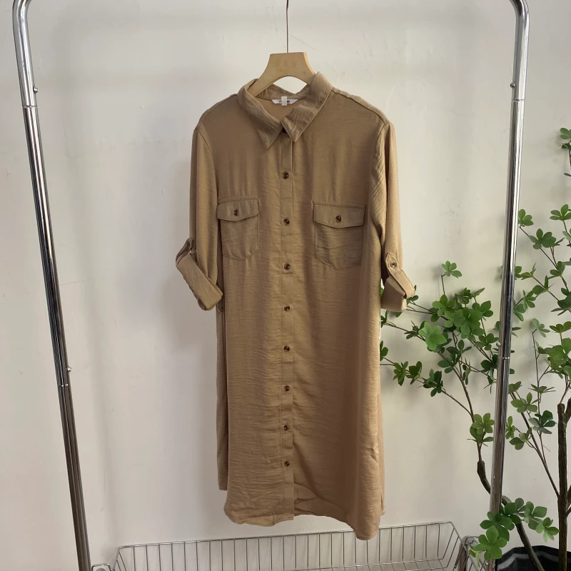 NN2785外贸欧美女装衬衫裙七分袖宽松翻领纽扣连衣裙