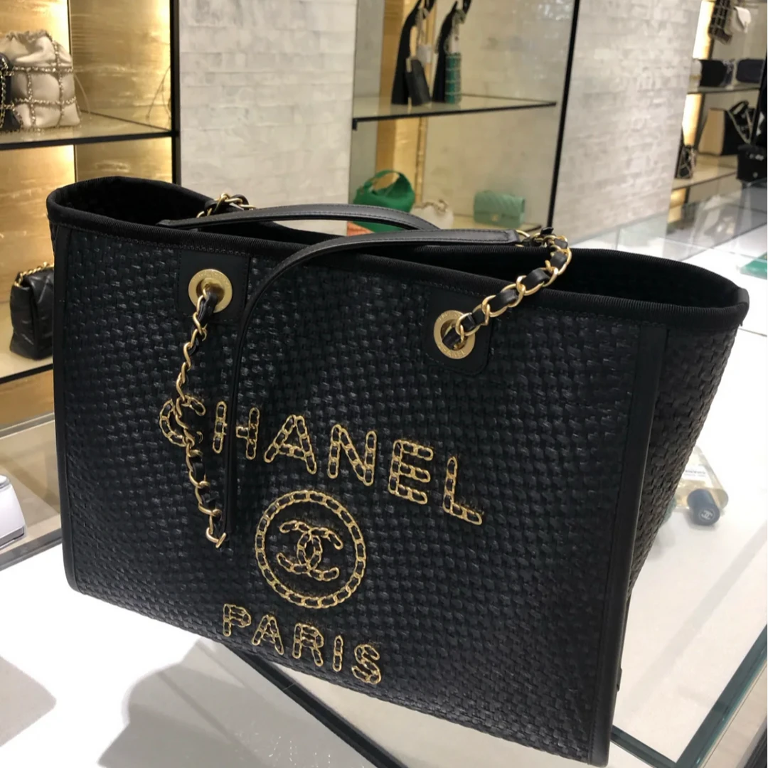 99新 Chanel/香奈儿 【小花念念】编织款 沙滩包 黑金