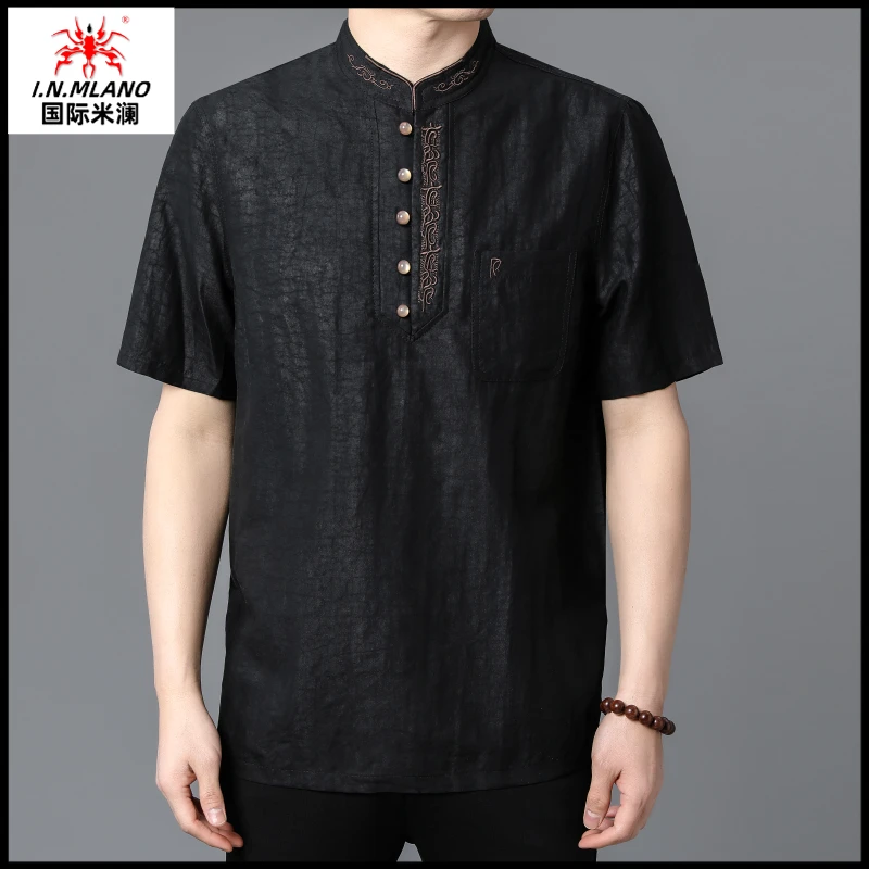 龟裂纹香云纱唐装短袖100%桑蚕丝男士立领衬衣中年盘扣真丝薄上衣