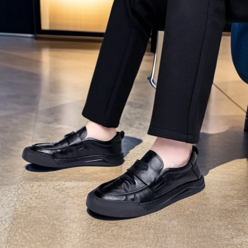 男士头层牛皮皮皮鞋休闲豆豆鞋皮鞋英伦风休闲风休闲皮鞋鞋子黑色