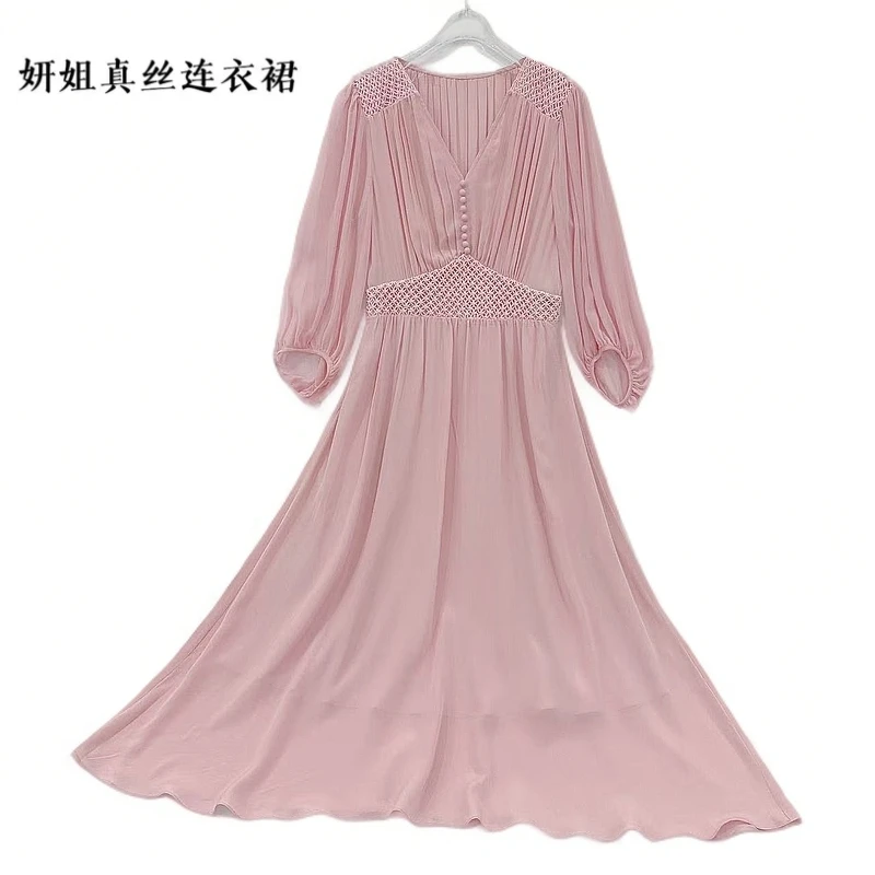 【妍姐桑蚕丝2025夏季新】气质v领显瘦女装长款连衣裙 粉色 25037