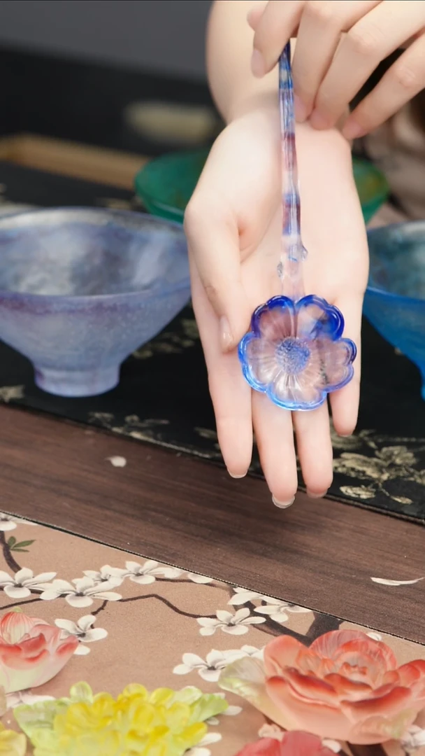 琉璃手工艺品蓝紫色花朵茶匙