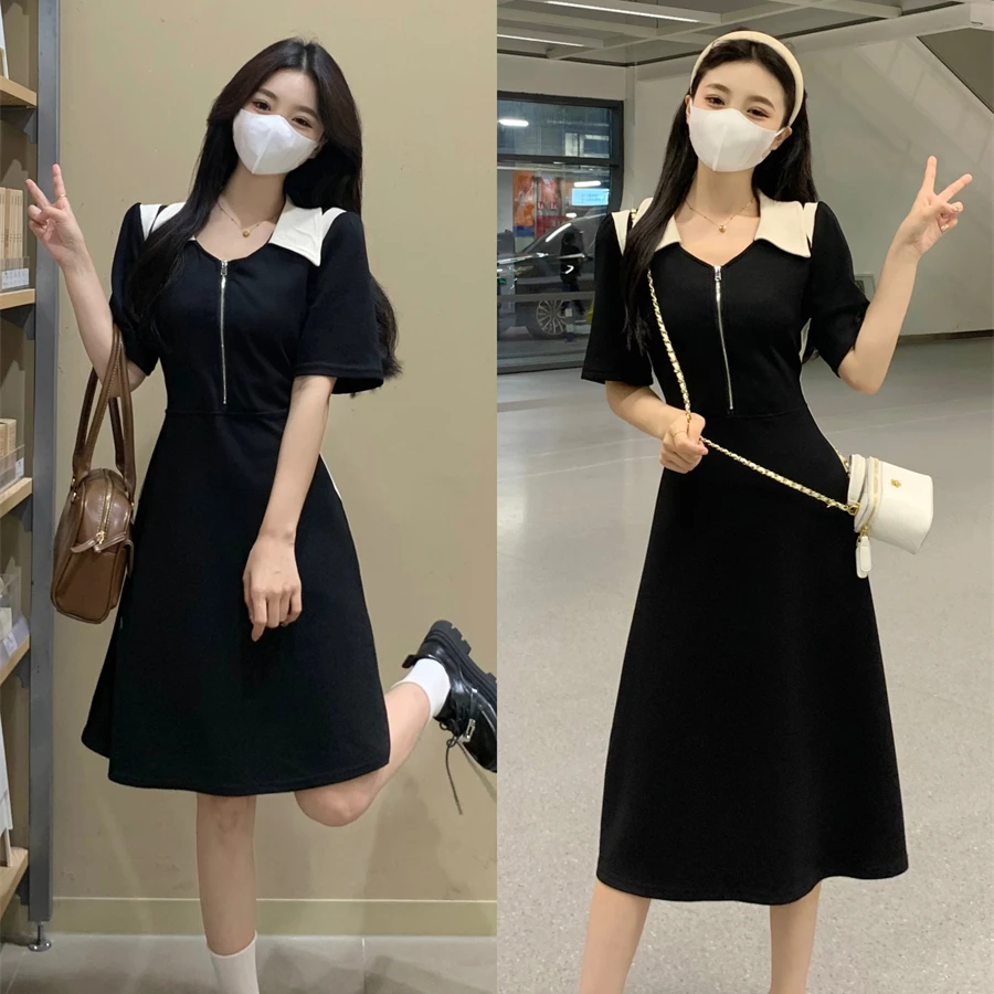 大码胖MMpolo领小众设计感撞色收腰胖妹妹显瘦连衣裙子1480