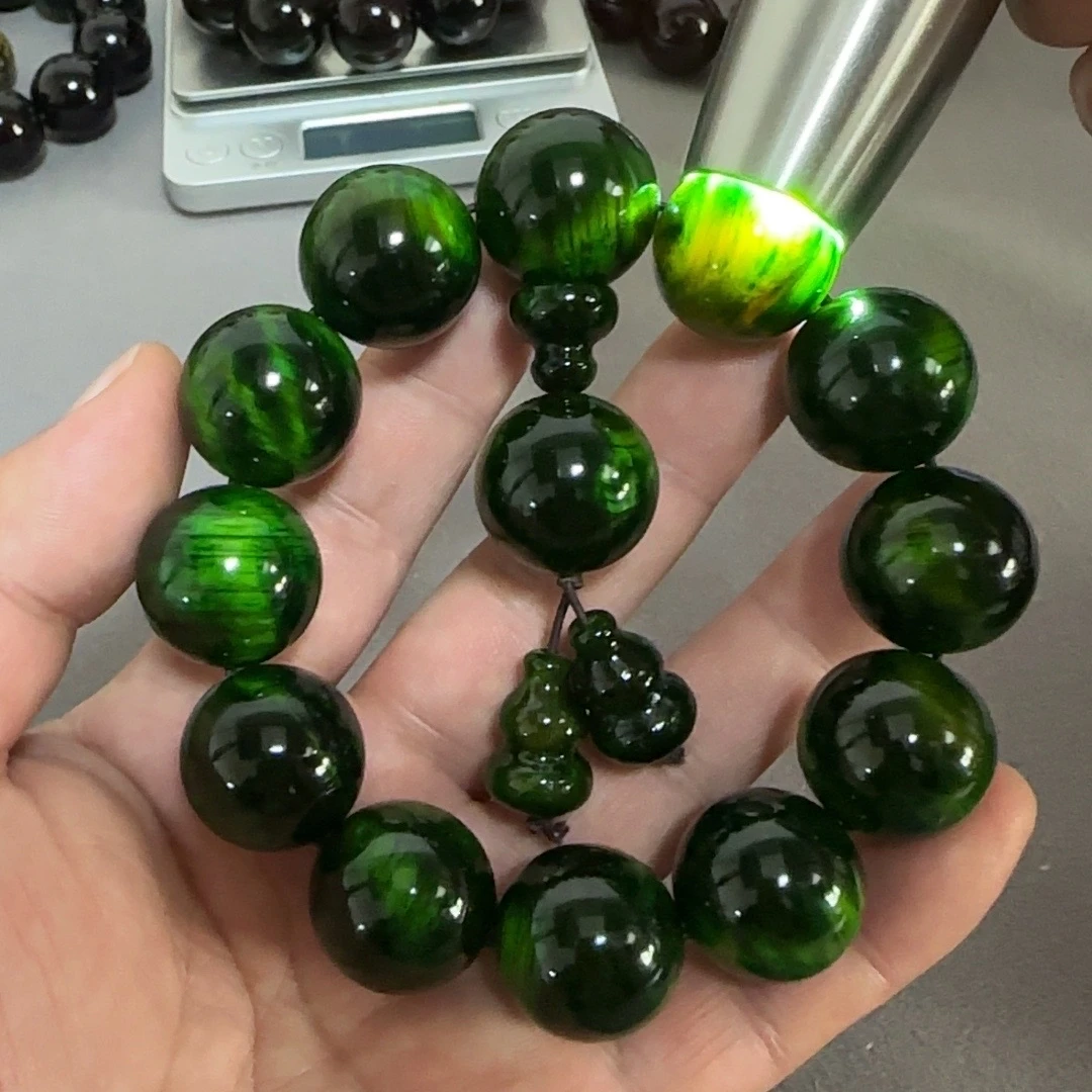 龙胆水波纹琥 珀木水墨丹青可透光木质手串文玩好物推荐