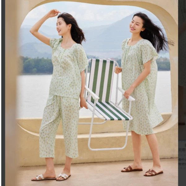 flossy弗劳思女士夏季梭织提花布短袖七分裤家居服套装CH156