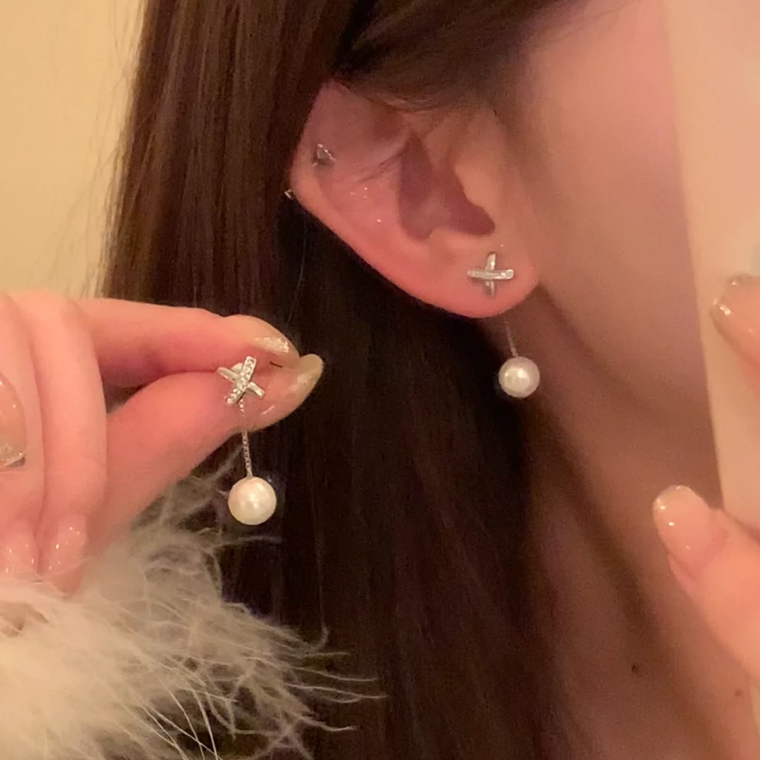 铜合金仿珍珠耳饰 秋冬可两戴流苏珠珠耳环女百搭显脸小耳针耳饰