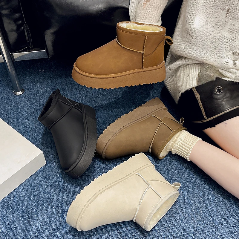 6公分小个子必入皮面防水周冬雨款冬厚底短靴皮毛一体厚加绒时尚