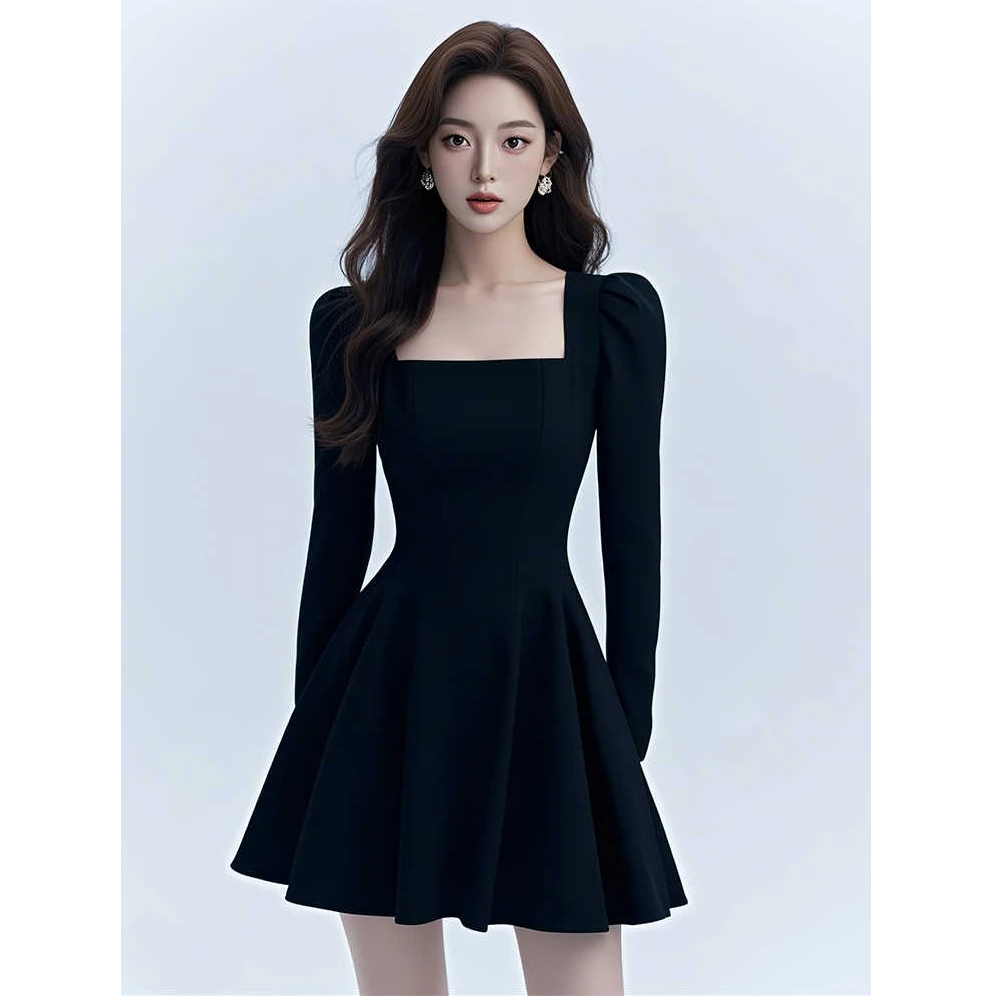 法式黑色赫本风连衣裙女2025秋冬新款富家千金名媛收腰小礼服裙子