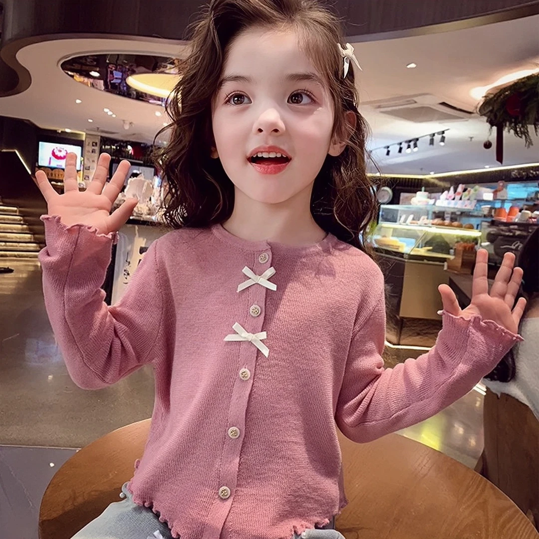 女童春秋薄款外搭针织蝴蝶结中小童韩版洋气可爱百搭针织开衫上衣