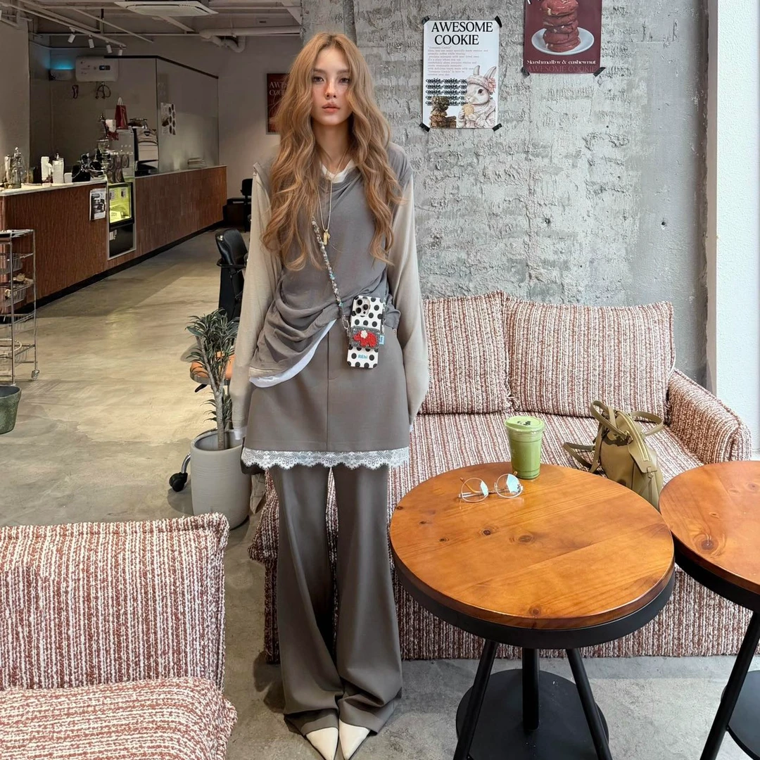 秋冬气质一整套ootd穿搭韩系假两件长袖上衣女秋冬裤裙子百搭外套