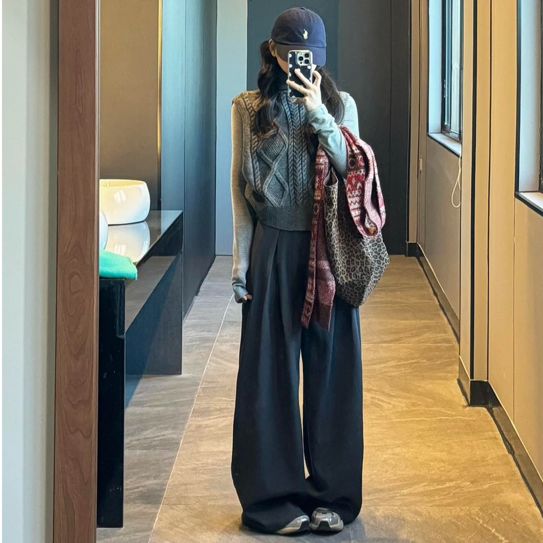 2025新款灰色高领马甲毛衣女秋冬季内搭打底长袖上衣阔腿裤子套装