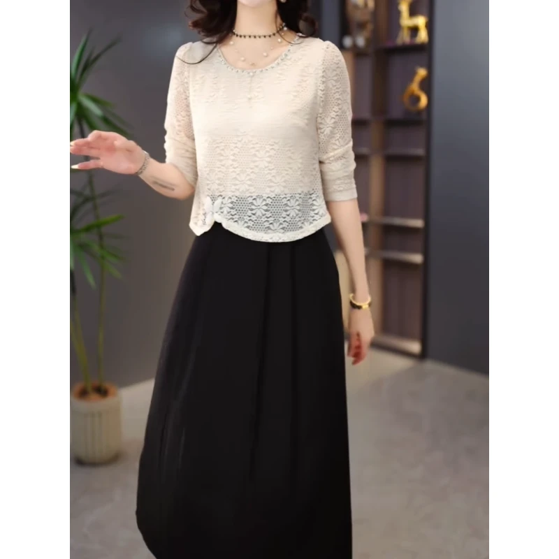 启慕气质轻奢假两件简约连衣裙女2025秋季新款时尚高贵显瘦中长裙