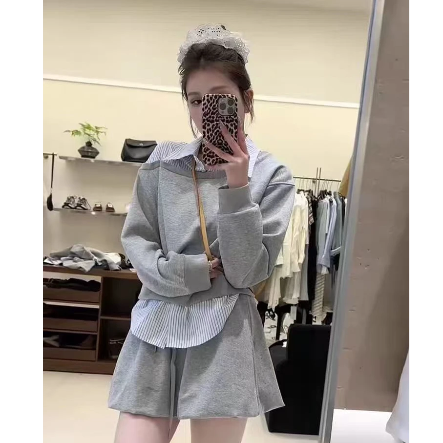 王美丽本丽-2121条纹衬衣短裤套装