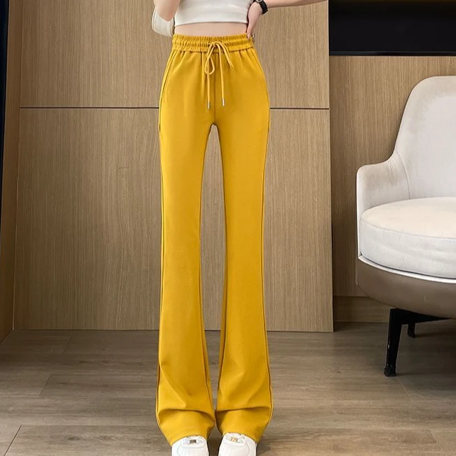 黄色微喇裤女春秋季爆款高腰出游大码胖mm运动休闲出游服装女