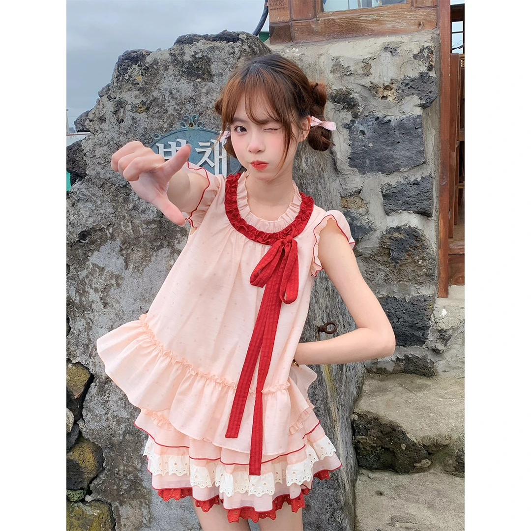 西瓜椰椰 sinsingirl 粉撞红小飞袖上衣半身裙子多巴胺夏季萌妹