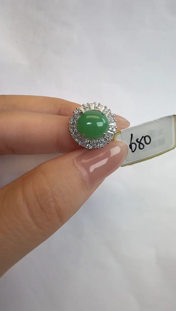 银S925镶嵌戒指翡翠通体925银镶缅甸A货翡翠戒指059