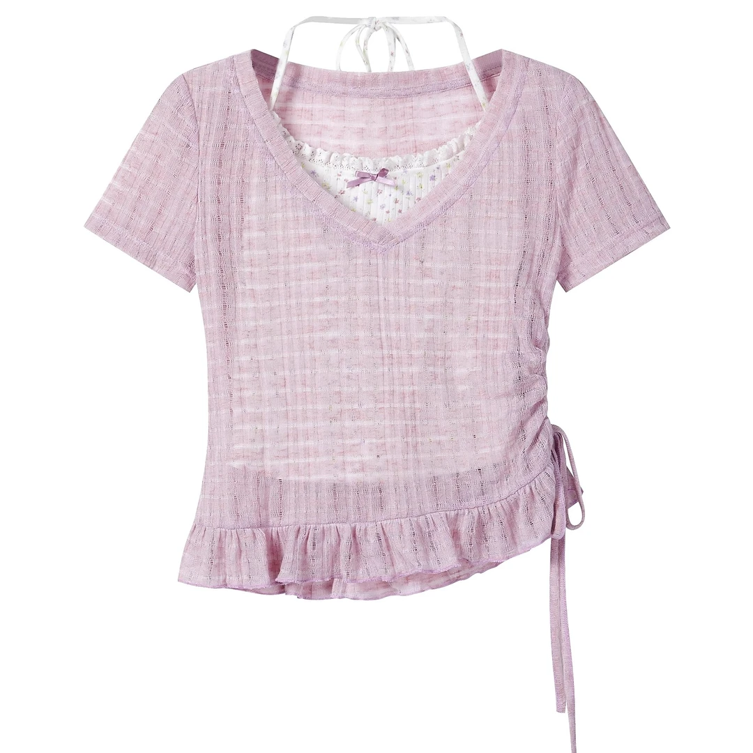 羊城故事-韩系温柔碎花挂脖背心短袖t恤两件套装上衣Y50550661