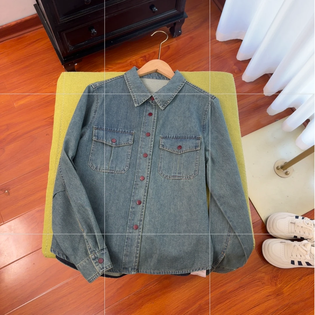 牛仔丹宁风宽松衬衣口袋短款时尚秋季衬衫百搭通勤休闲