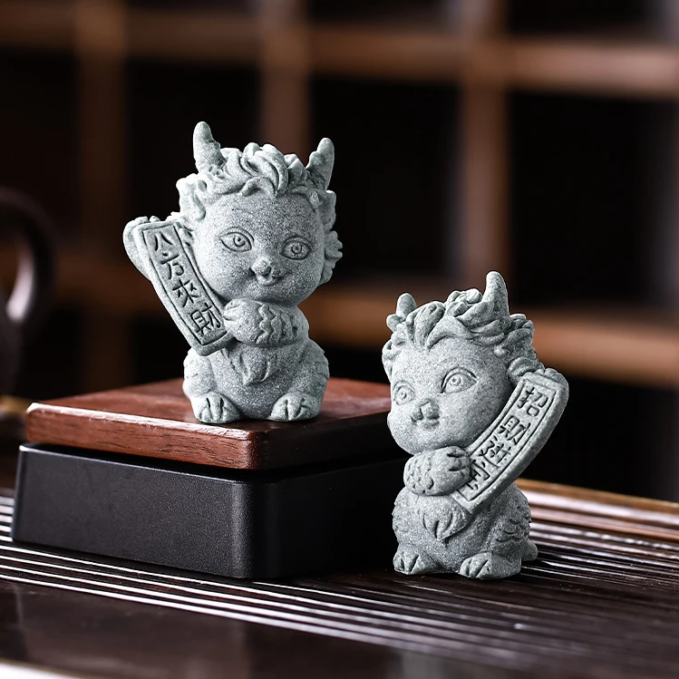 中式国潮青砂石龙宝献福茶宠摆件茶从宠鱼缸假山造景家居装饰品