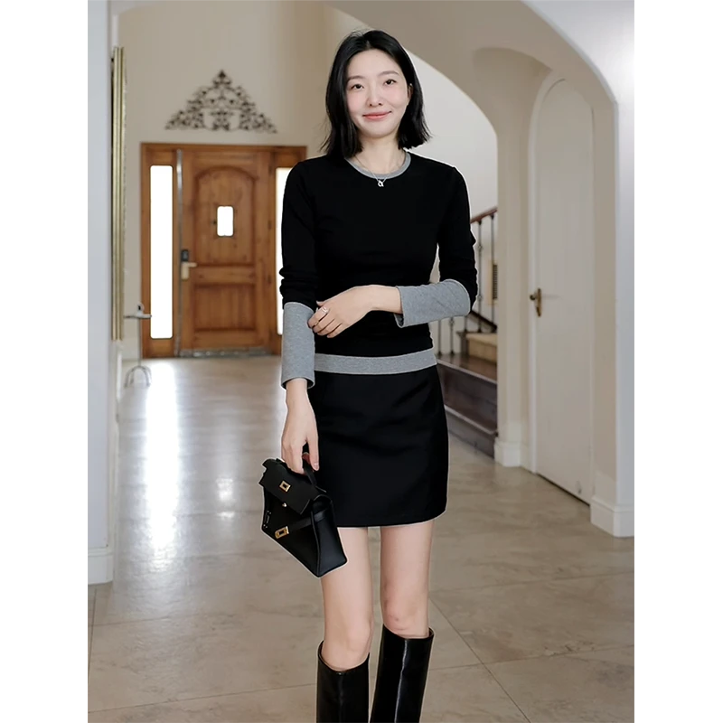 郭九九呢 棉极简显瘦撞色拼接长袖t恤高腰开叉a字半裙 G925A01077