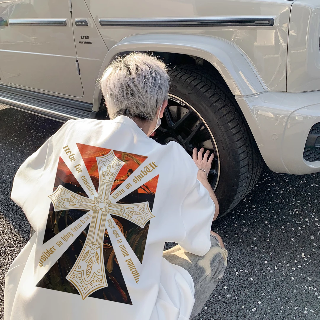 美式复古重磅纯棉圆领男士夏季设计感印花短袖T恤男女炸街网红款