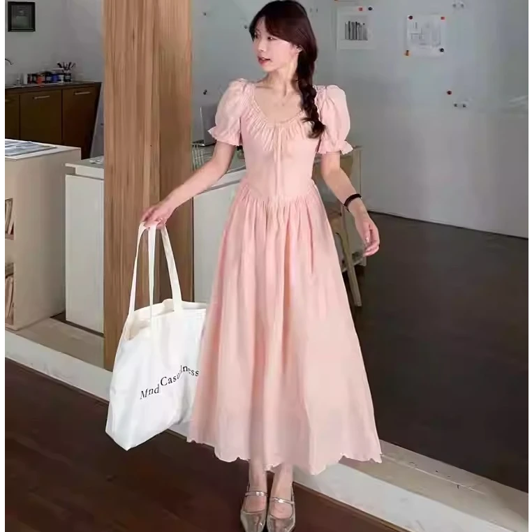 2025夏季刺绣新款收腰显瘦温柔风气质提花粉色长裙