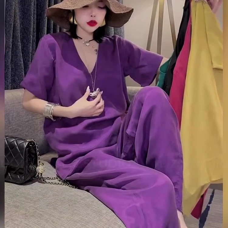 2025年夏季宽松慵懒显瘦气质套装女休闲紫色短袖T恤阔腿裤两件套