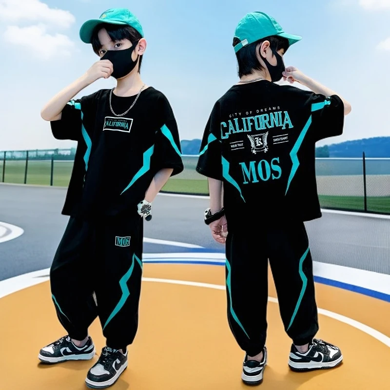 休闲洋气夏季薄款帅气男孩网红中背心童男童夏季宽松短袖运动套装