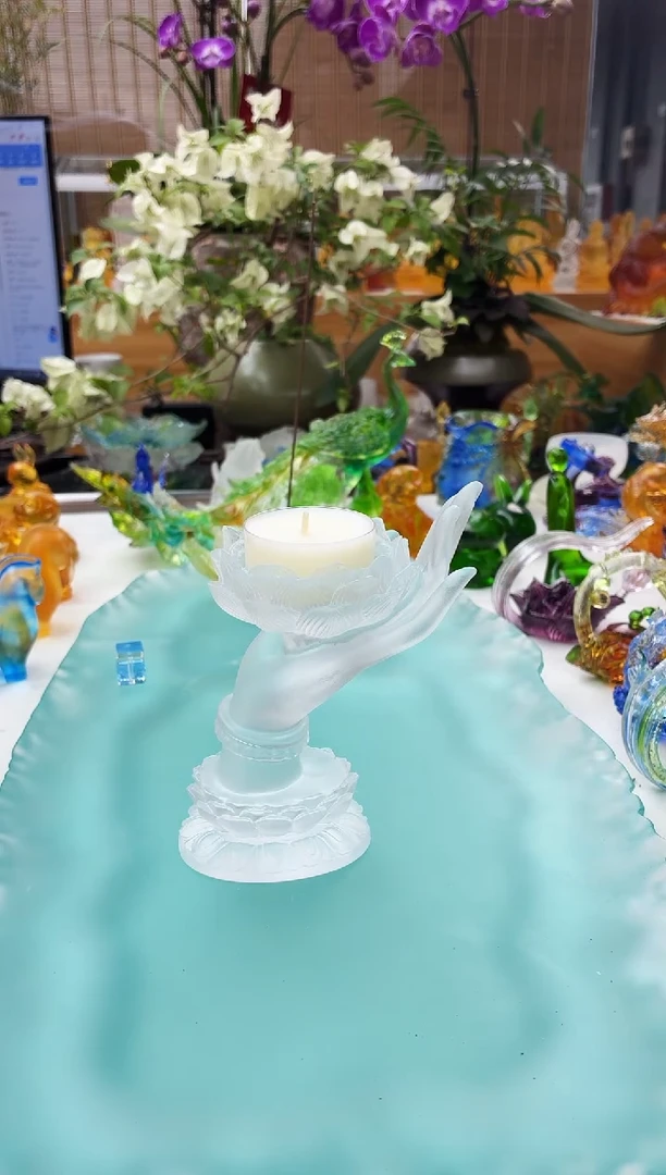 手工艺品琉璃白色佛手烛台12公分