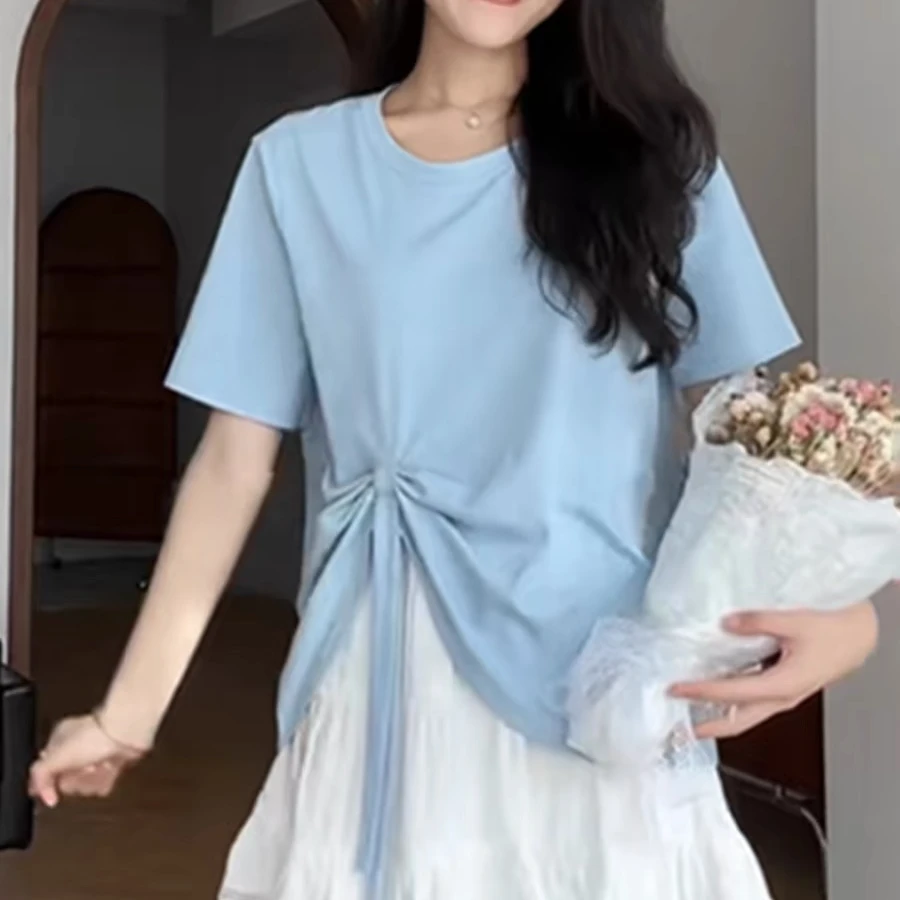 大码女装胖mm显瘦百搭时尚设计感系带短袖T恤夏季遮肚藏肉上衣女