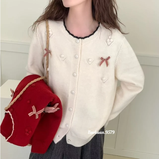 优米服饰2025蝴蝶结百搭时尚舒适洋气显瘦圆领毛衣开衫9579