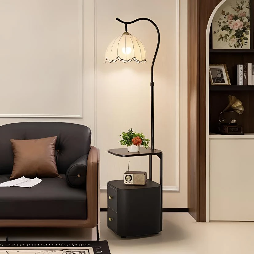 法式床头柜落地灯实木置物架一体立式台灯中古风卧室氛围茶几灯具