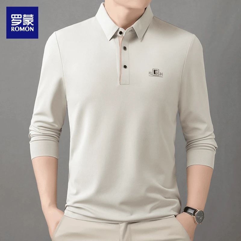 Romon/罗蒙秋季新款无痕Polo衫男士商务休闲长袖卫衣中年宽松上衣