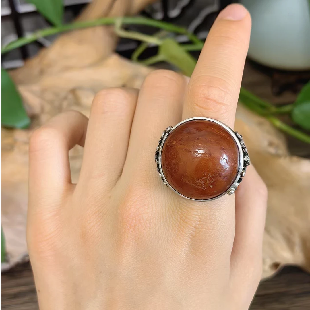 LYliuyng精工品质高货老蜜蜡原皮戒指纯手工银镶天然蜜蜡原石戒指