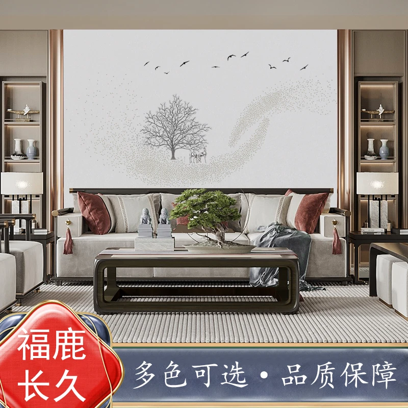 福鹿长久A5高端新中式背景独绣墙布背景墙壁画刺绣壁布电视背景墙