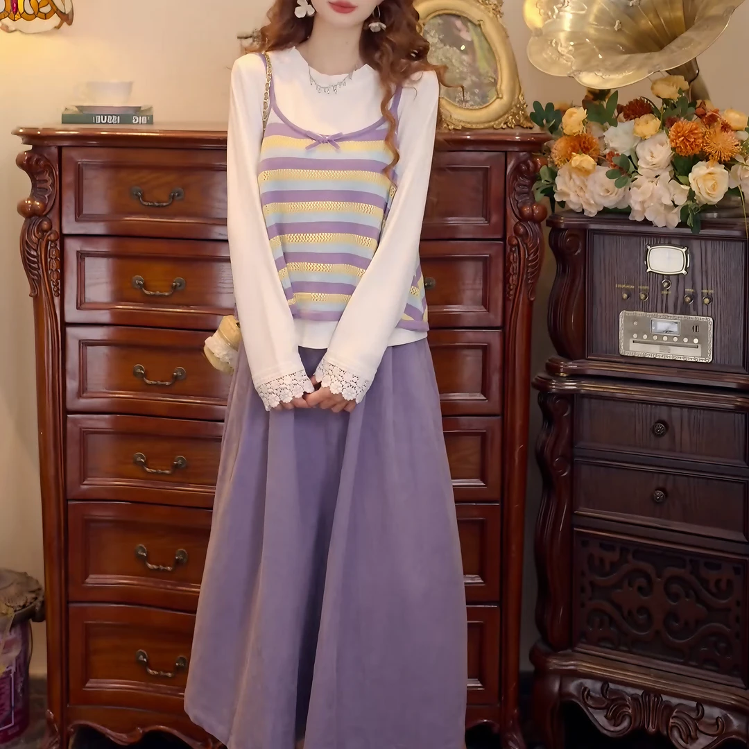 【云端浮岛】港风复古针织吊带上衣两件套+灯芯绒半身裙女LK2506439