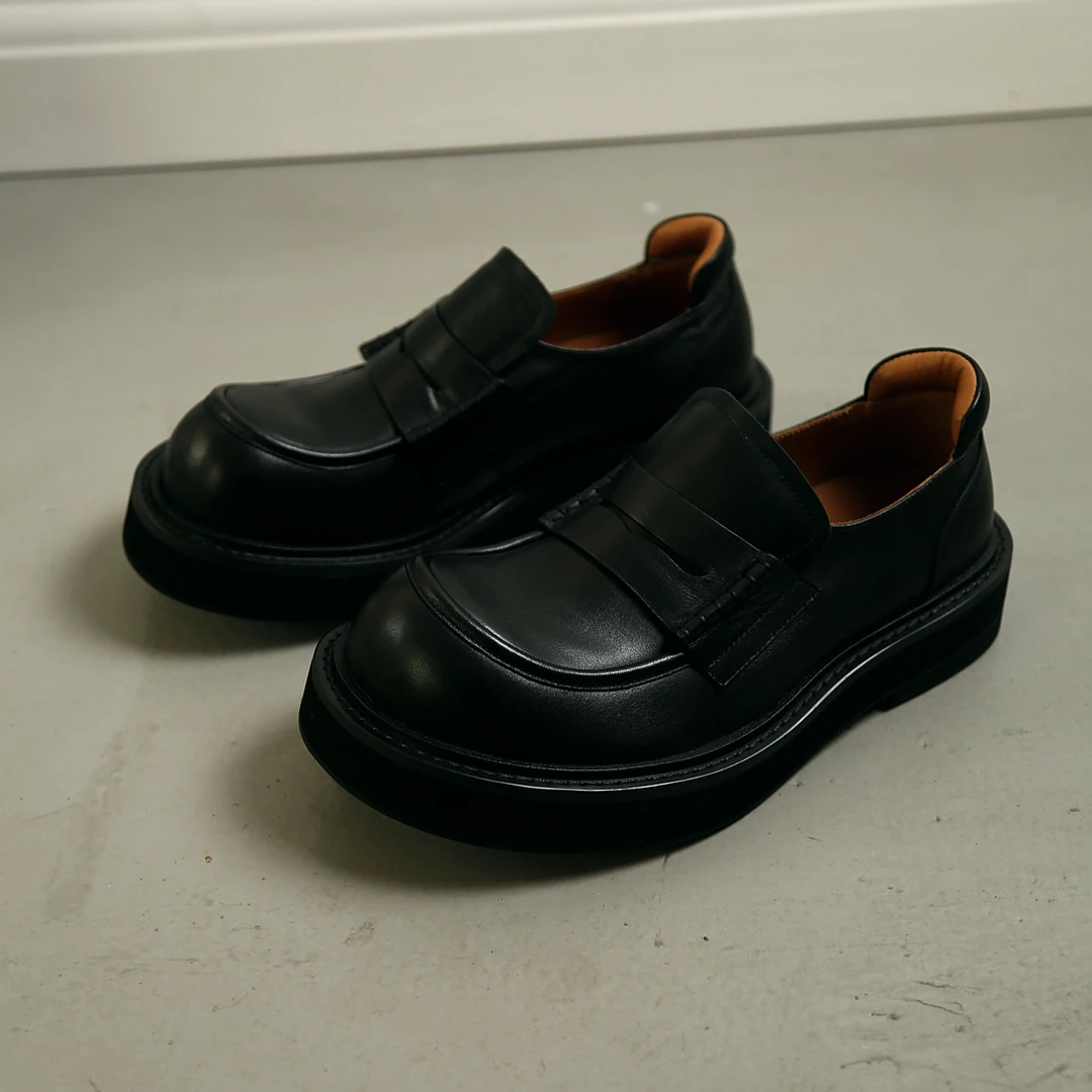 小众时尚德比乐福鞋百搭男士真皮大头鞋厚底增高休闲圆头皮鞋