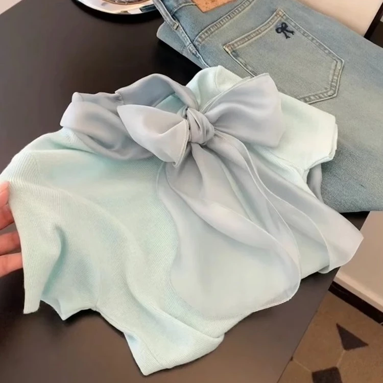 高级小众不撞款上衣设计感独特绝美减龄薄荷绿蝴蝶结短袖T恤女夏